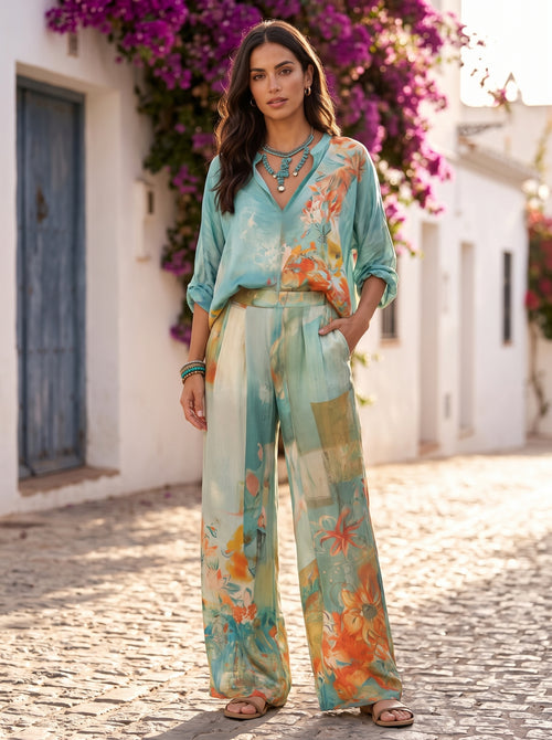 Chiara conjunto estampado floral y pantalón ancho - Azul