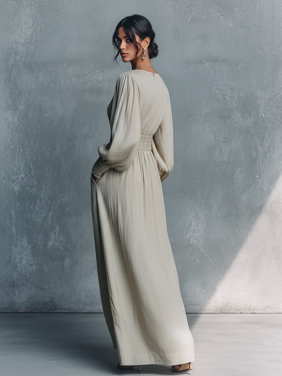 Vestido Maxi Mujer Beige de Algodón y Lino a Rayas con Escote en V y Cintura Fruncida