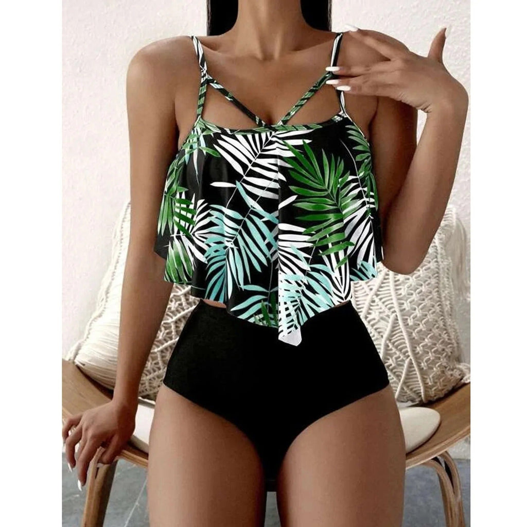LolaBeach - Tankini con volantes e impresión de hojas