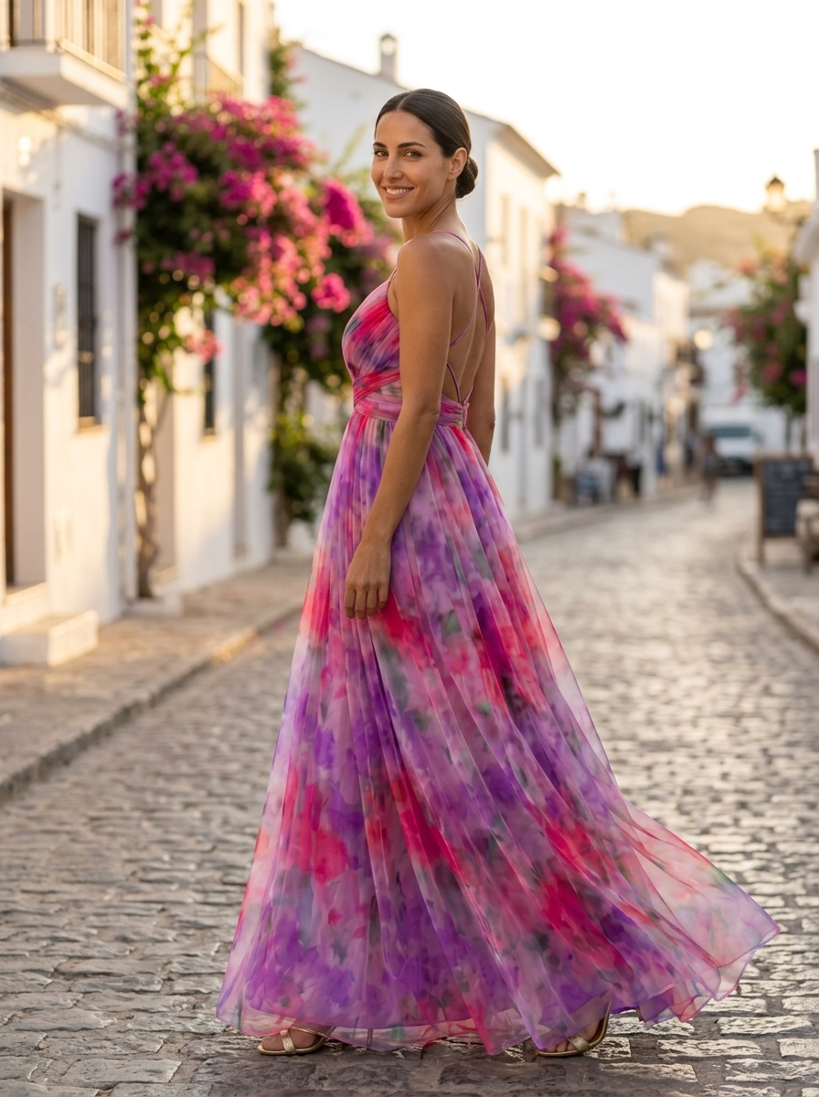 Giselle, vestido maxi de tul floral rosa