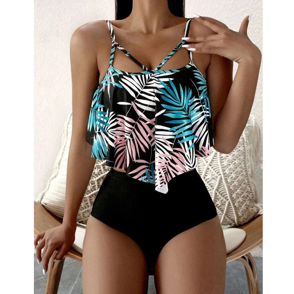 LolaBeach - Tankini con volantes e impresión de hojas