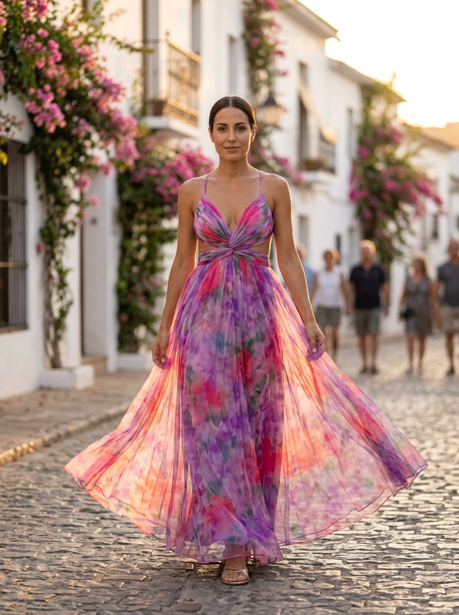 Giselle, vestido maxi de tul floral rosa