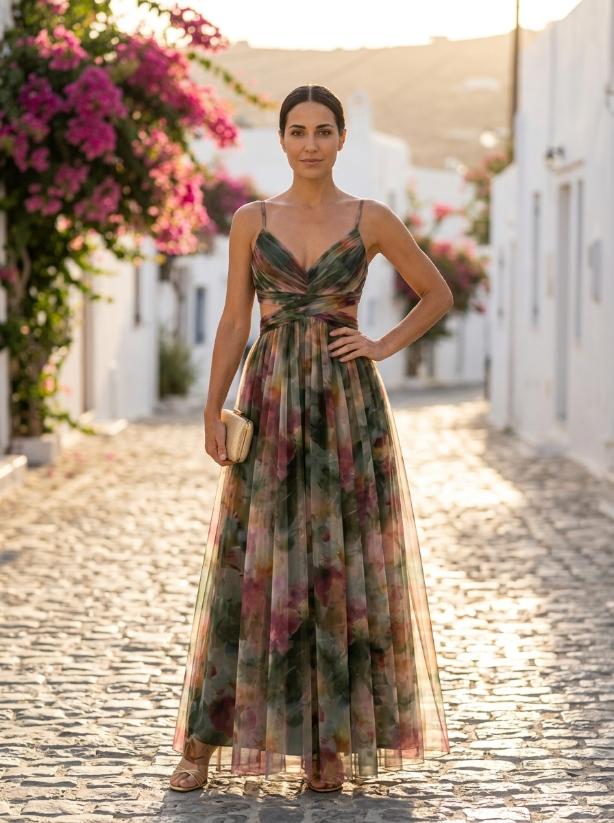 Giselle, vestido maxi de tul floral verde