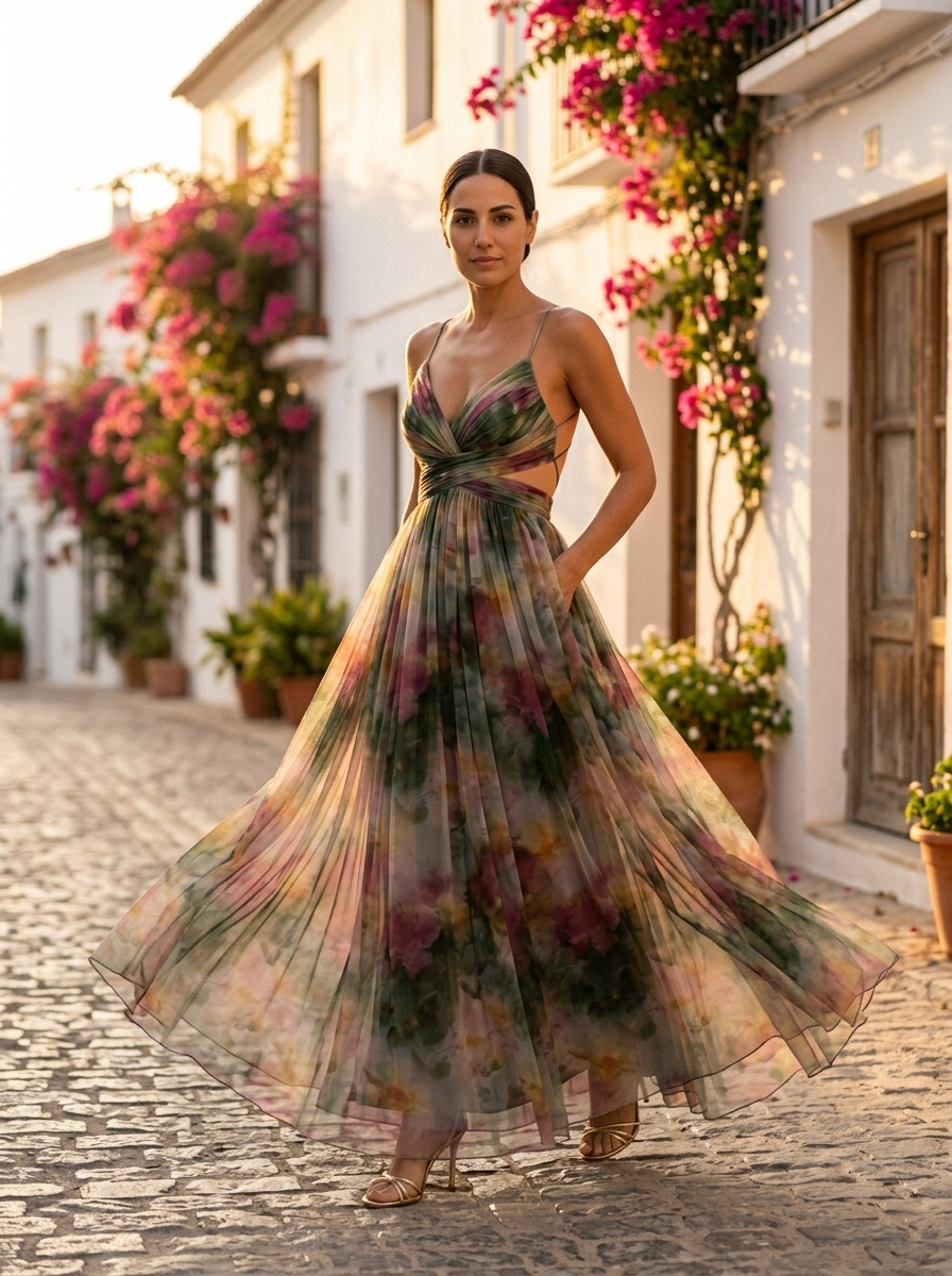 Giselle, vestido maxi de tul floral verde