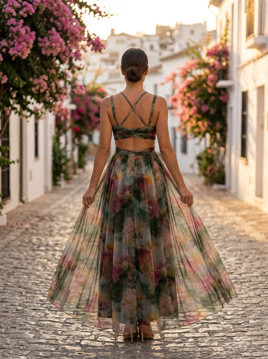 Giselle, vestido maxi de tul floral verde, espalda