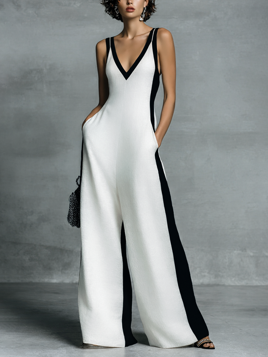 Salopette Mujer en Algodón y Lino Negro y Blanco con Tirantes Finos