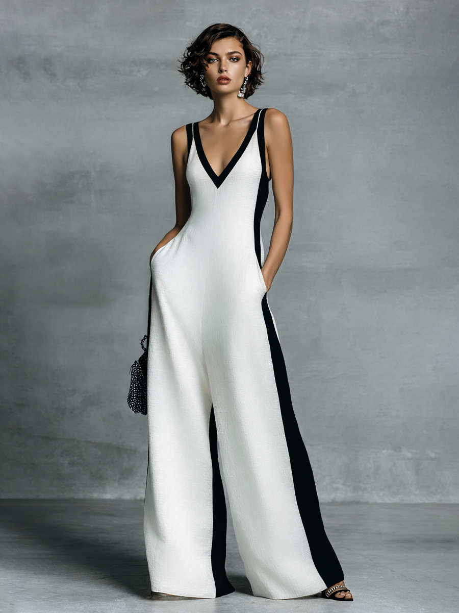 Salopette Mujer en Algodón y Lino Negro y Blanco con Tirantes Finos