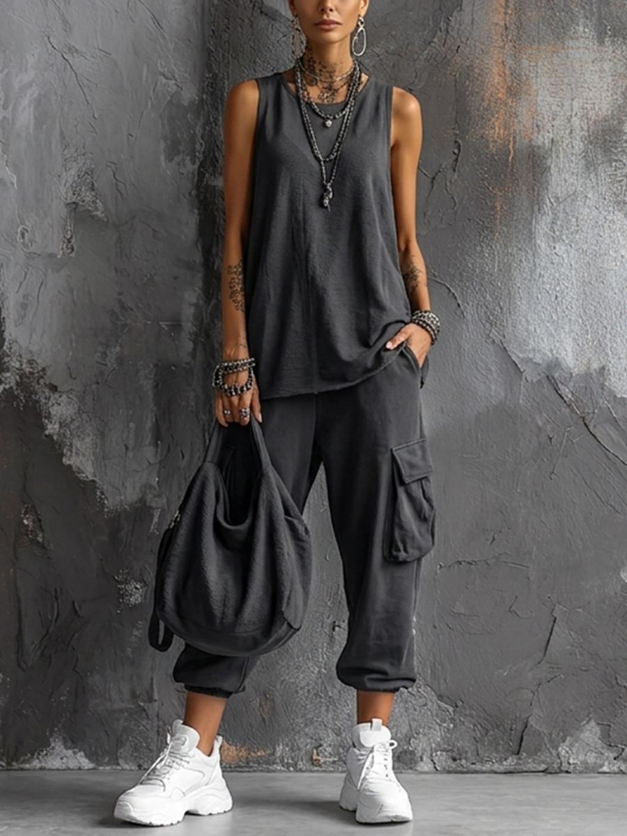 Conjunto Top Sin Mangas en Algodón Gris Oscuro + Pantalones Cargo Jogger Estilo Casual Mujer