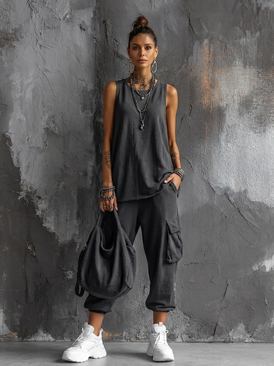 Conjunto Top Sin Mangas en Algodón Gris Oscuro + Pantalones Cargo Jogger Estilo Casual Mujer
