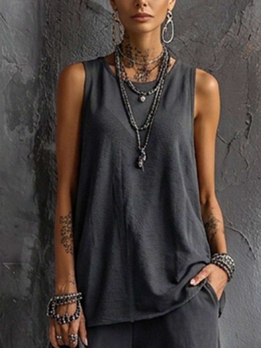 Conjunto Top Sin Mangas en Algodón Gris Oscuro + Pantalones Cargo Jogger Estilo Casual Mujer