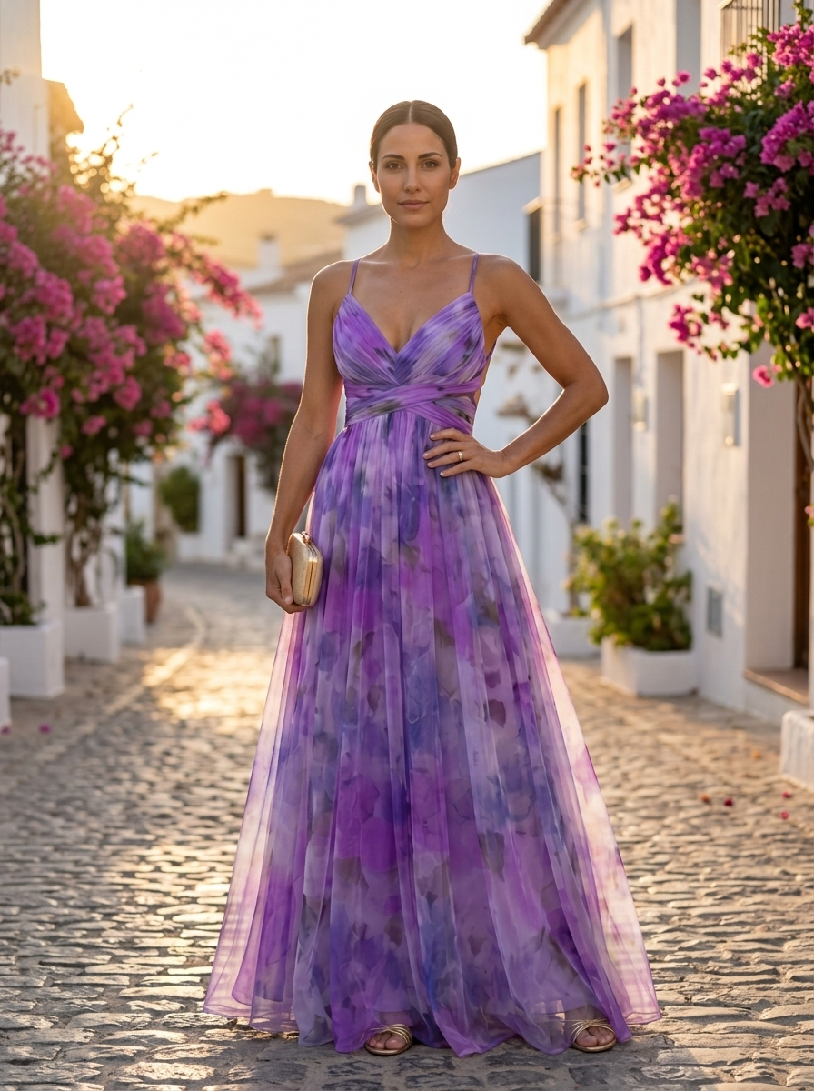 Giselle, vestido maxi de tul floral violeta