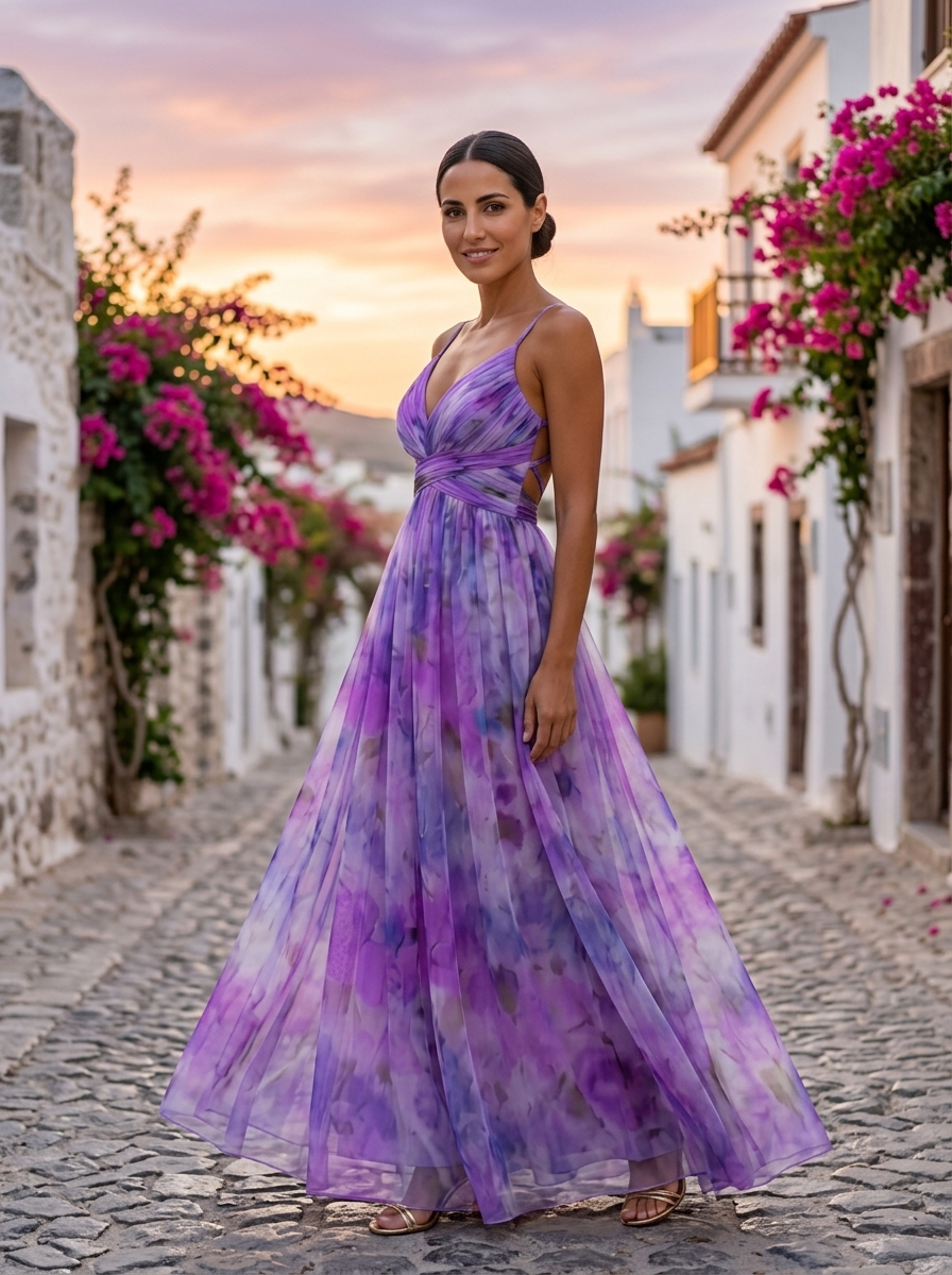 Giselle, vestido maxi de tul floral violeta