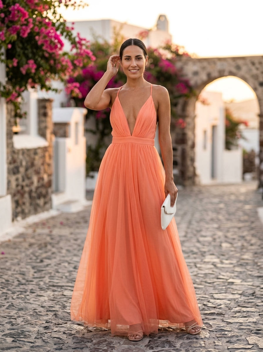 Ginevra, vestido maxi de tul coral con clutch blanco