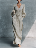 Vestido Maxi Mujer Beige de Algodón y Lino a Rayas con Escote en V y Cintura Fruncida