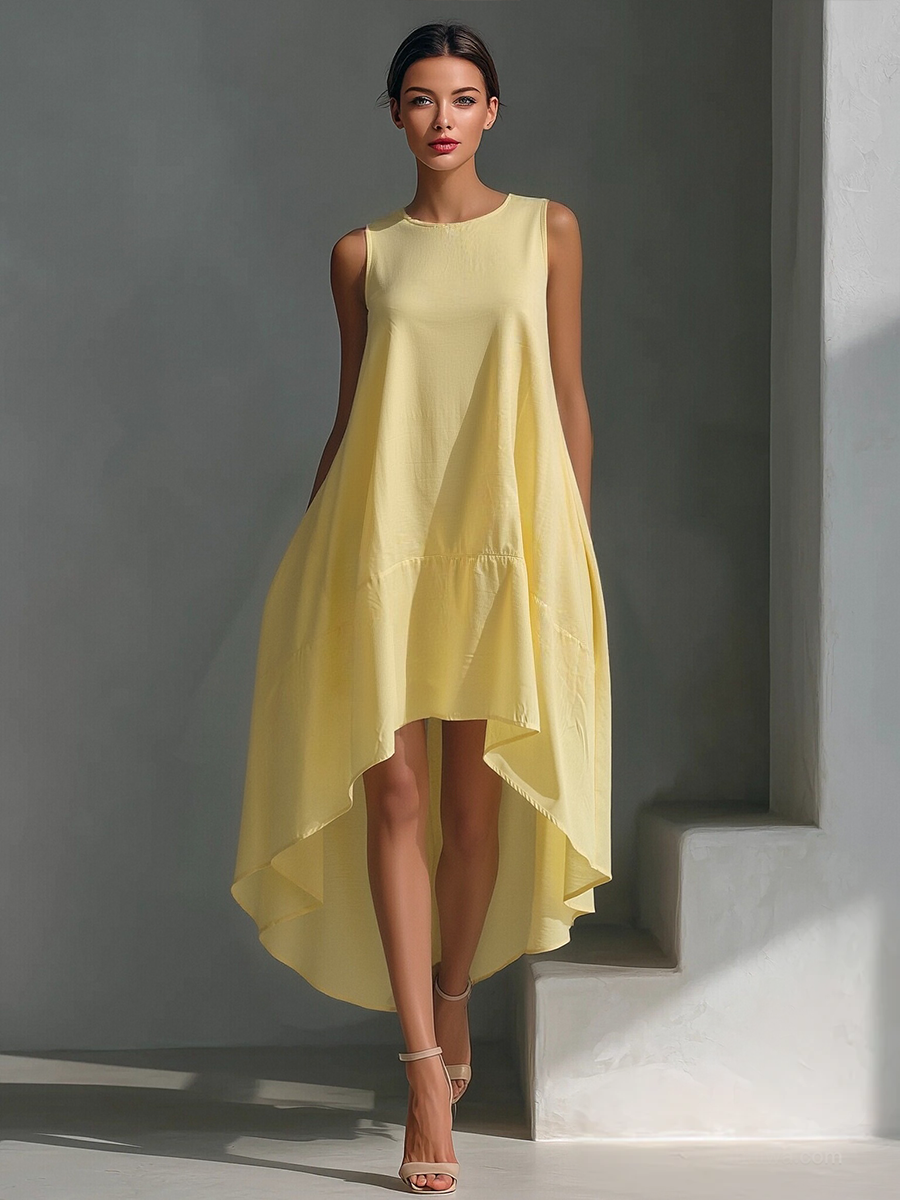 Vestido Midi Sin Mangas de Lino Blanco para Mujer con Cuello Redondo y Dobladillo Asimétrico