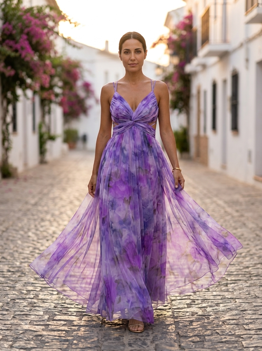 Giselle, vestido maxi de tul floral violeta