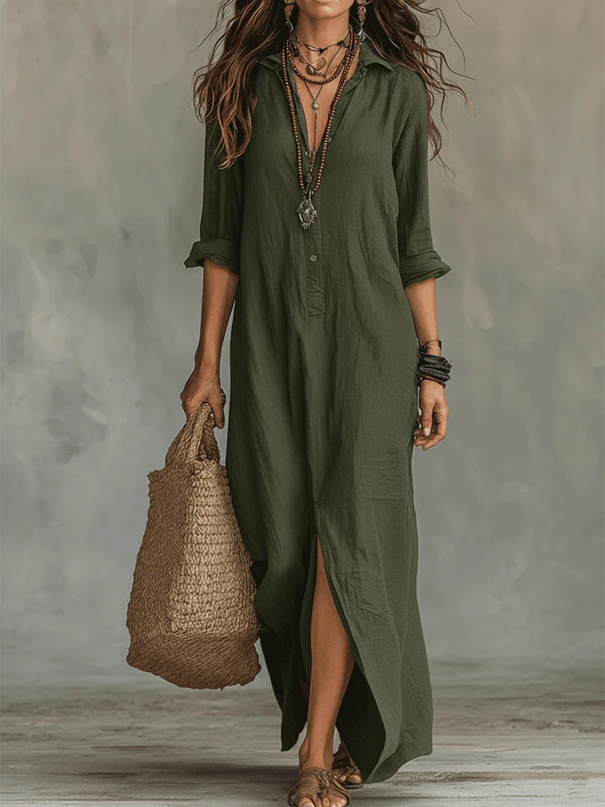 Soline™ | Vestido maxi negro fluido con botones