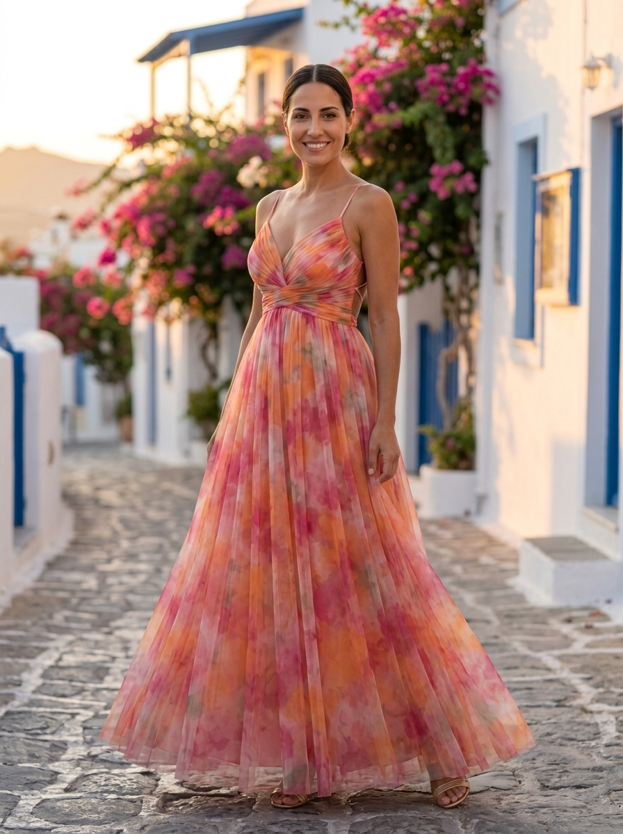 Giselle, vestido maxi de tul floral naranja