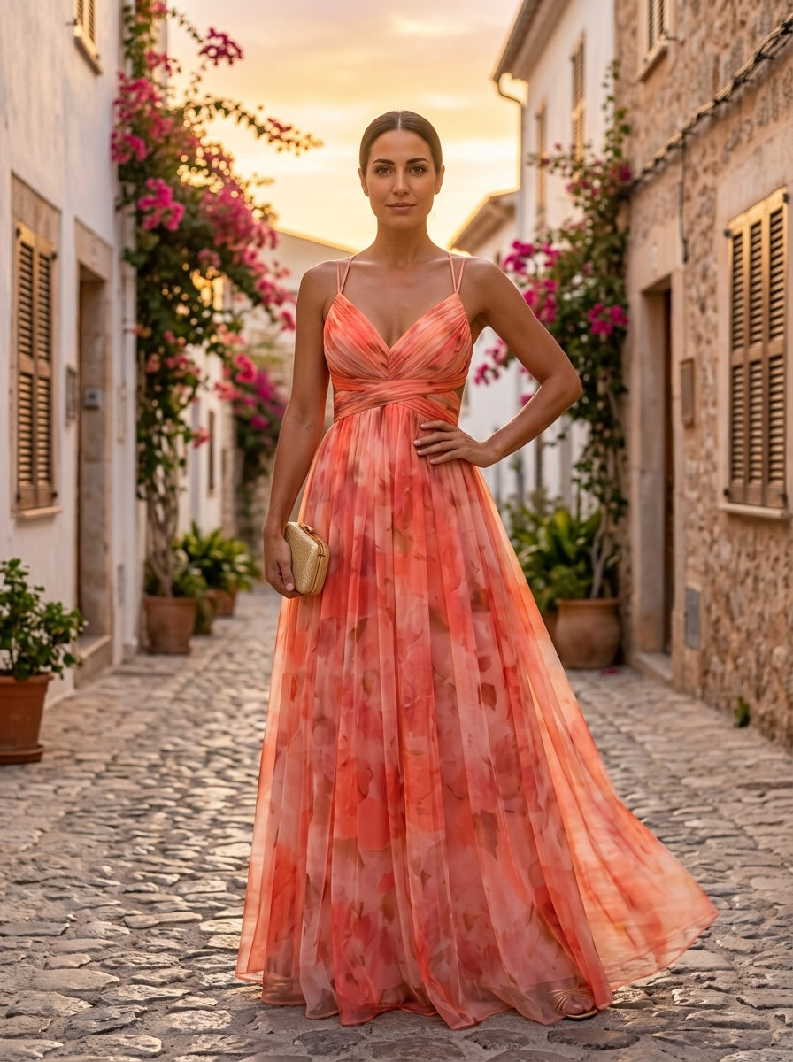 Giselle, vestido maxi de tul floral naranja