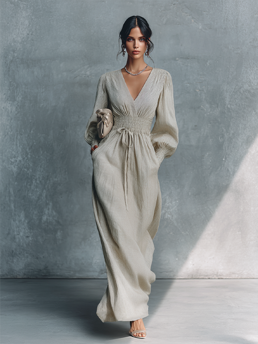 Vestido Maxi Mujer Beige de Algodón y Lino a Rayas con Escote en V y Cintura Fruncida
