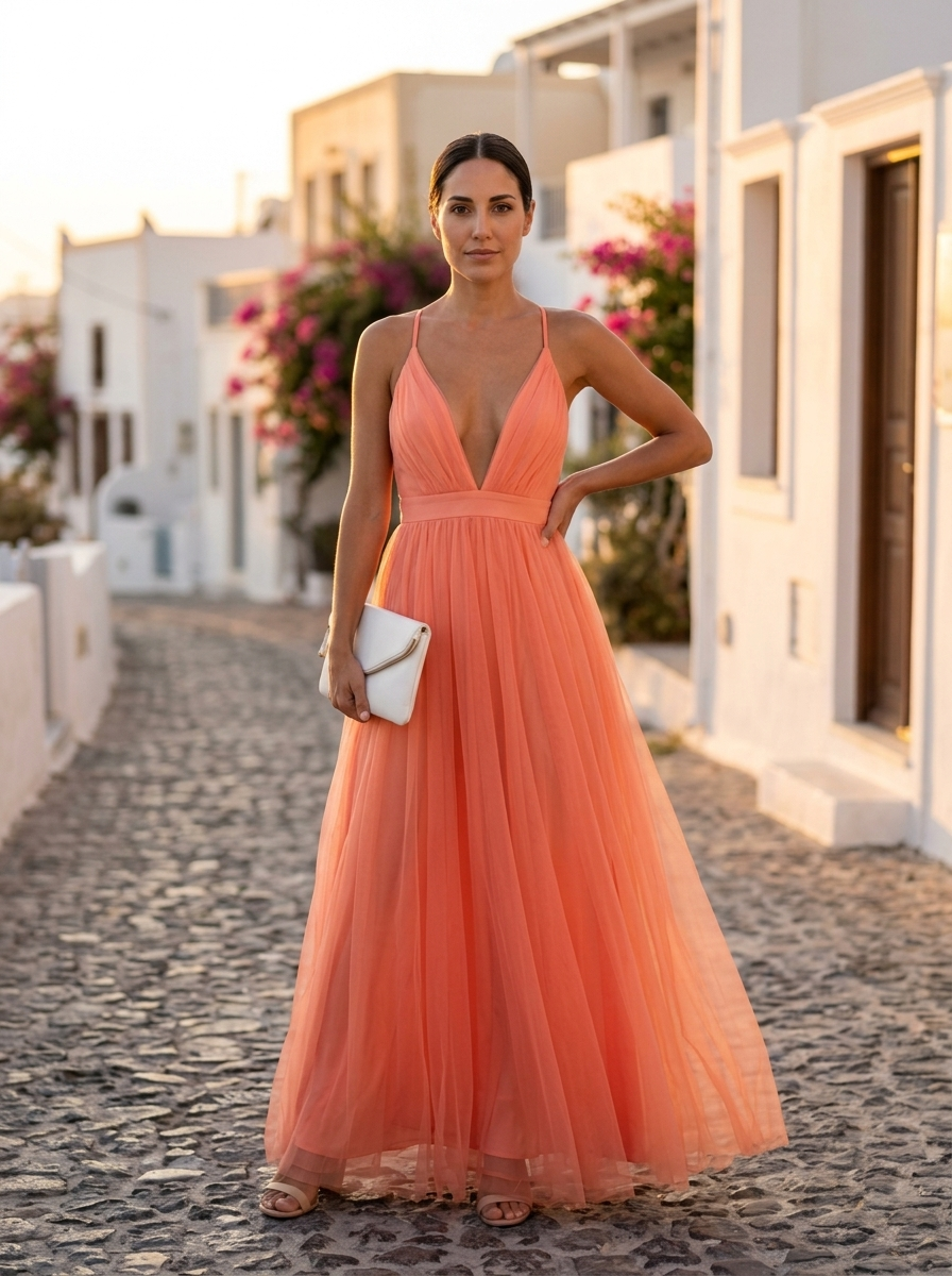 Ginevra, vestido maxi de tul coral, mano en la cadera