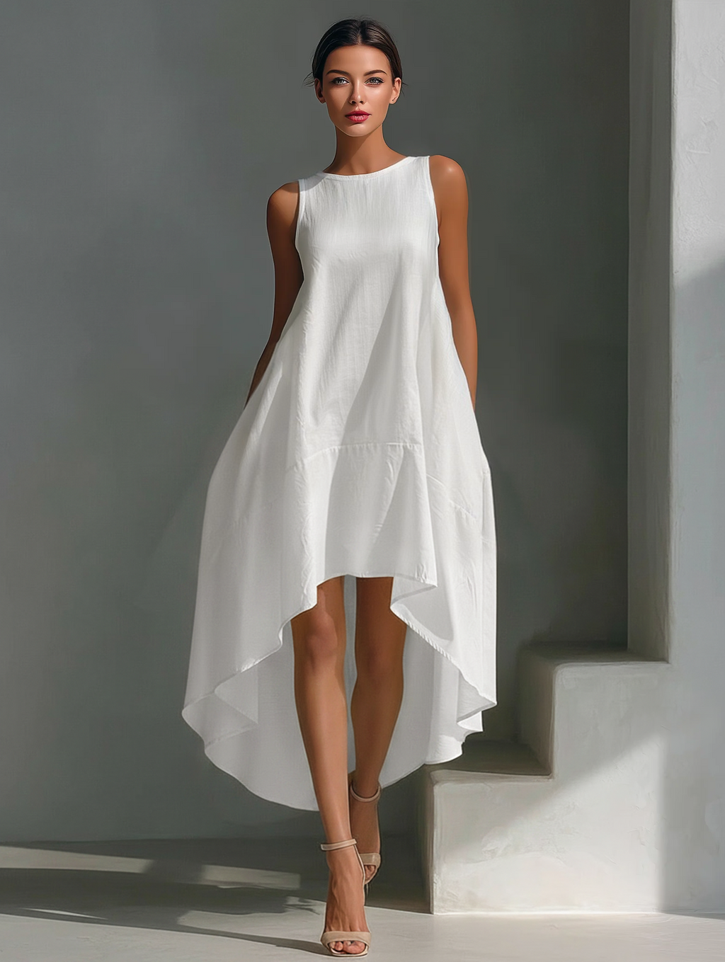 Vestido Midi Sin Mangas de Lino Blanco para Mujer con Cuello Redondo y Dobladillo Asimétrico