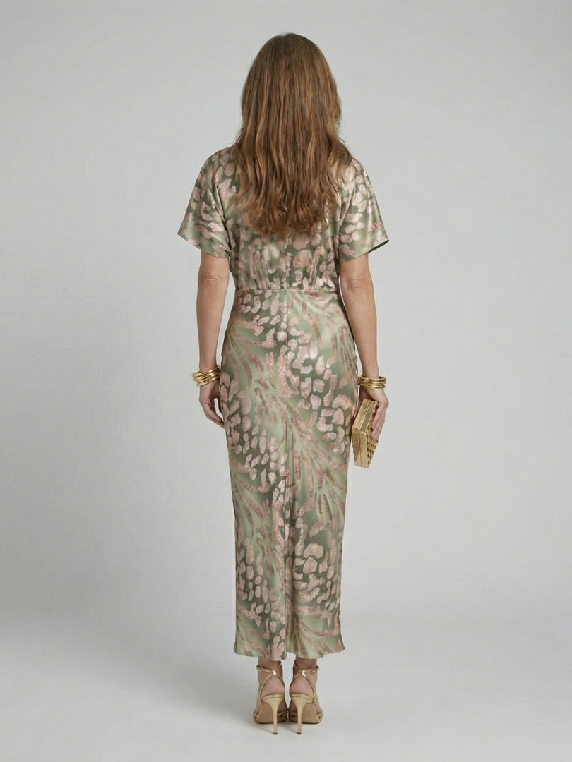 Ropa Midi con Estampado Abstracto y Escote en V con Cintura Torcida