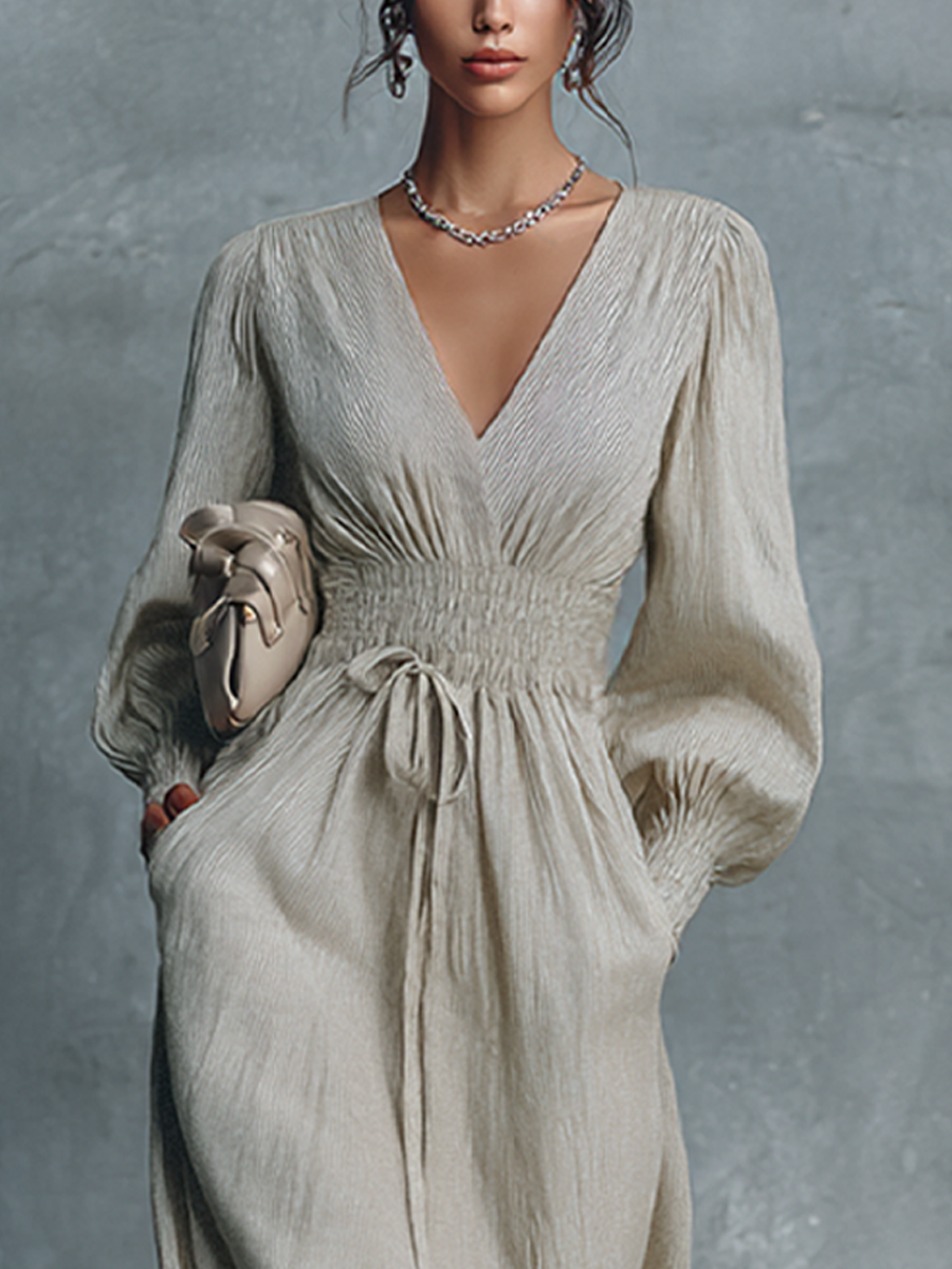 Vestido Maxi Mujer Beige de Algodón y Lino a Rayas con Escote en V y Cintura Fruncida