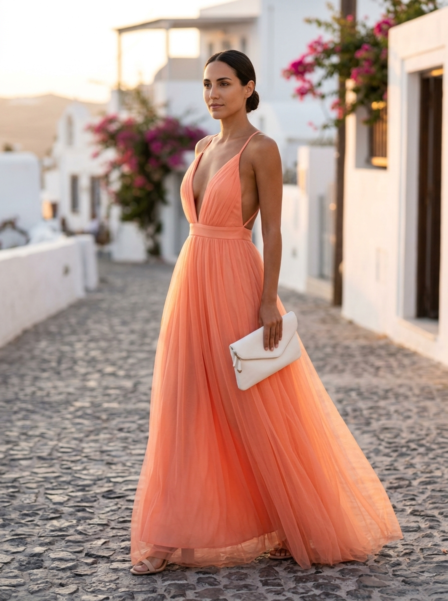 Ginevra, vestido maxi de tul coral de perfil