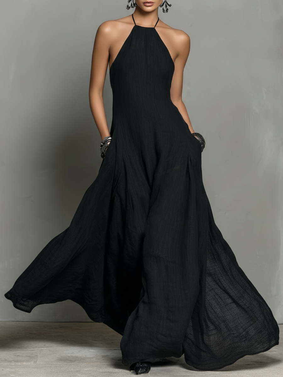 Vestido Maxi Sin Mangas en Mezcla de Lino Minimalista para Mujer