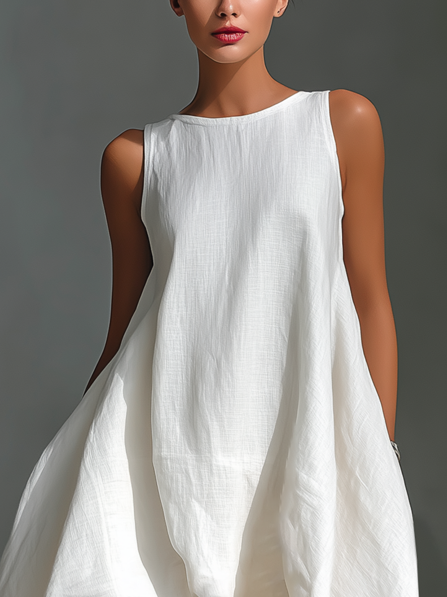 Vestido Midi Sin Mangas de Lino Blanco para Mujer con Cuello Redondo y Dobladillo Asimétrico