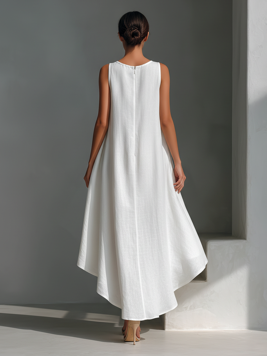 Vestido Midi Sin Mangas de Lino Blanco para Mujer con Cuello Redondo y Dobladillo Asimétrico