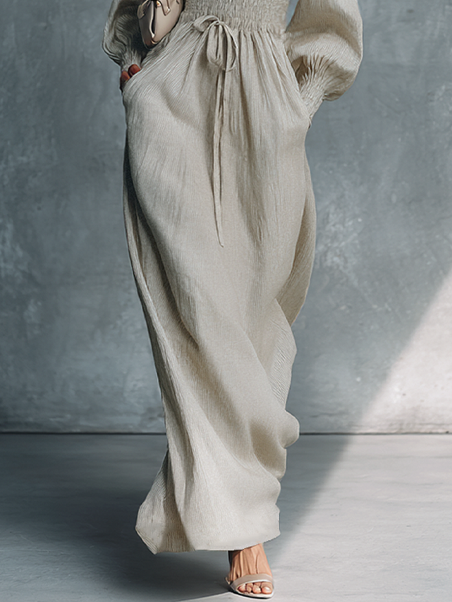 Vestido Maxi Mujer Beige de Algodón y Lino a Rayas con Escote en V y Cintura Fruncida