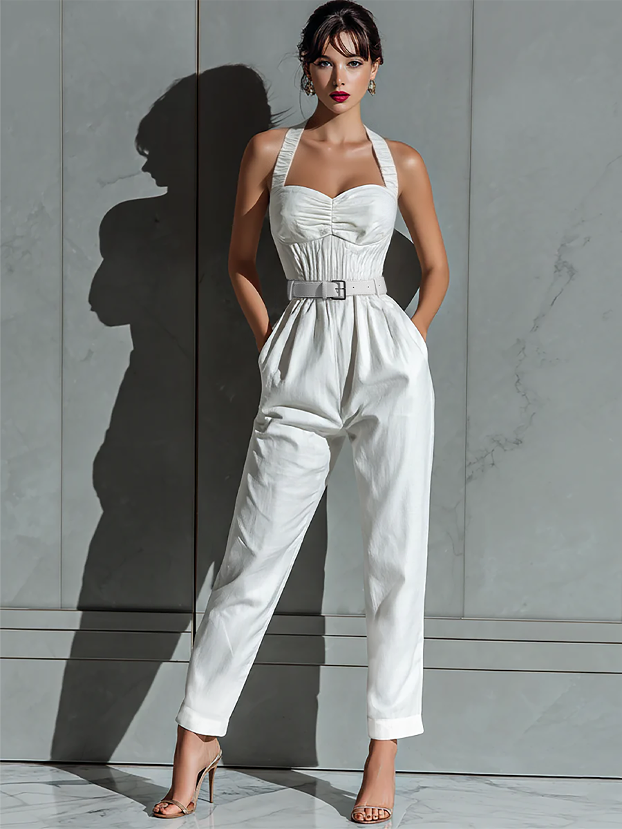 Mono Amplio De Algodón Y Lino Color Marfil Con Cintura Delgada Para Mujer