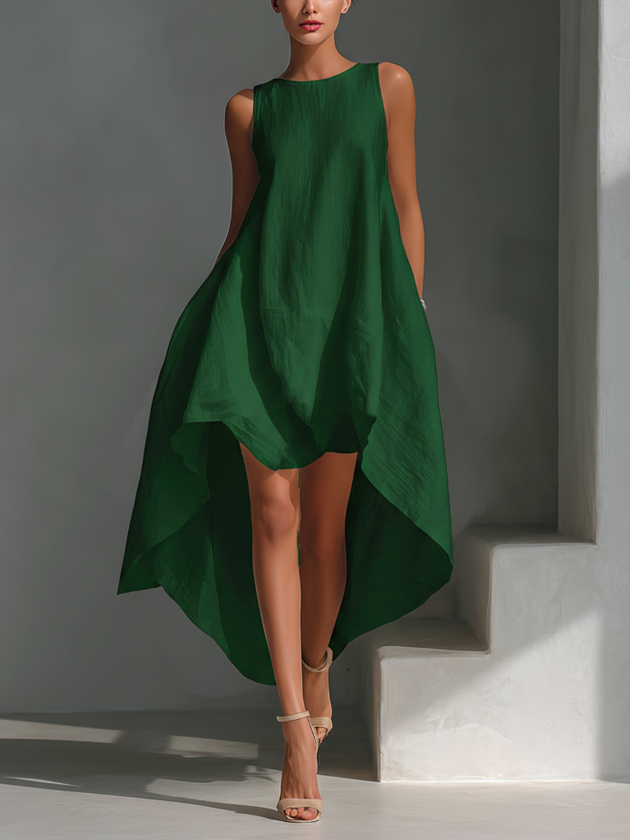 Vestido Midi Sin Mangas de Lino Blanco para Mujer con Cuello Redondo y Dobladillo Asimétrico