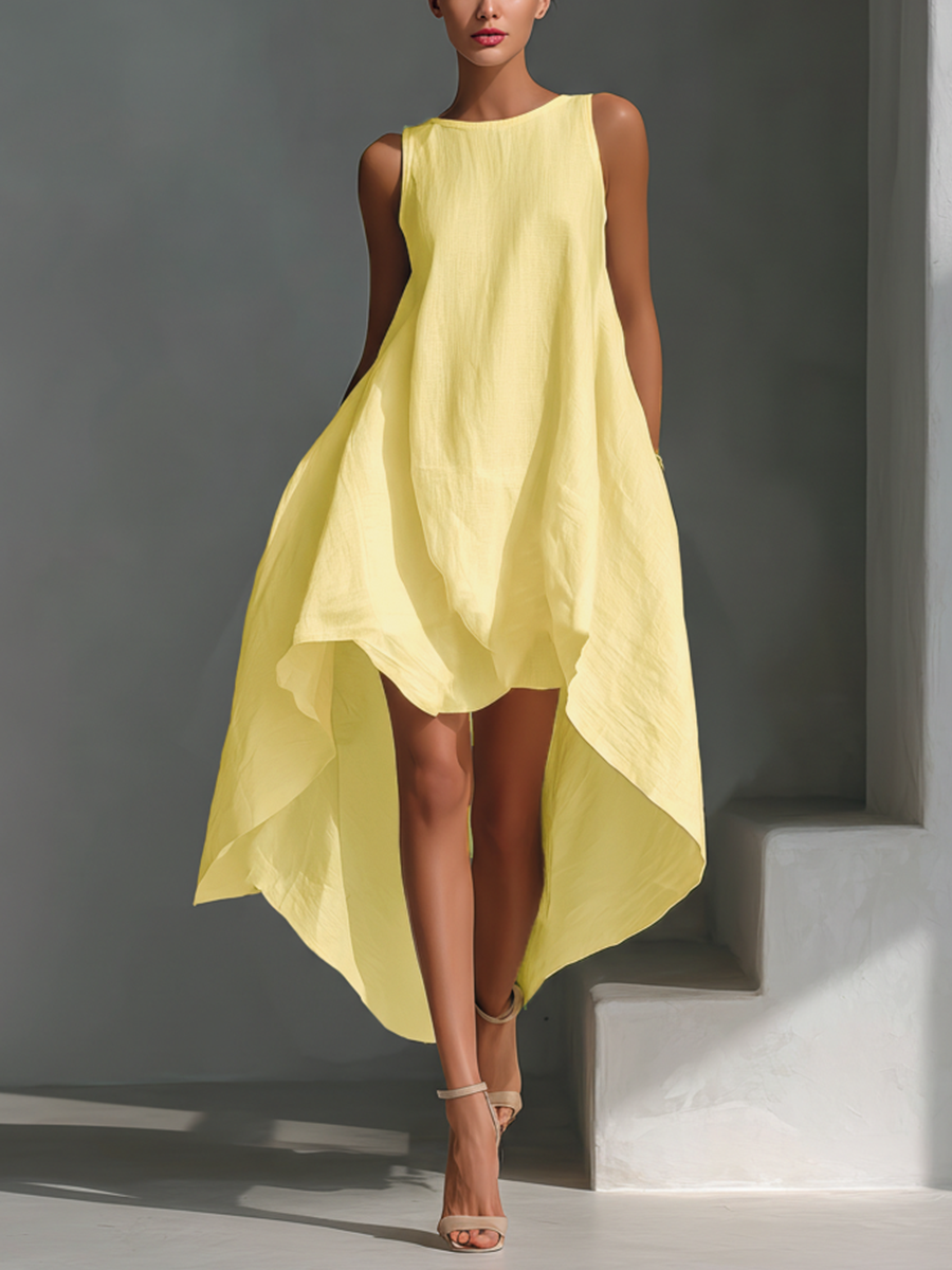 Vestido Midi Sin Mangas de Lino Blanco para Mujer con Cuello Redondo y Dobladillo Asimétrico