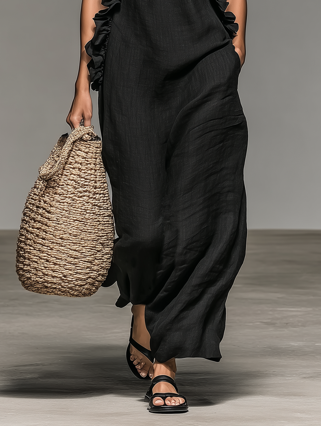 Vestido Maxi Sin Mangas en Mezcla de Lino Minimalista para Mujer con Detalles de Volantes