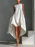Vestido Midi Sin Mangas de Lino Blanco para Mujer con Cuello Redondo y Dobladillo Asimétrico