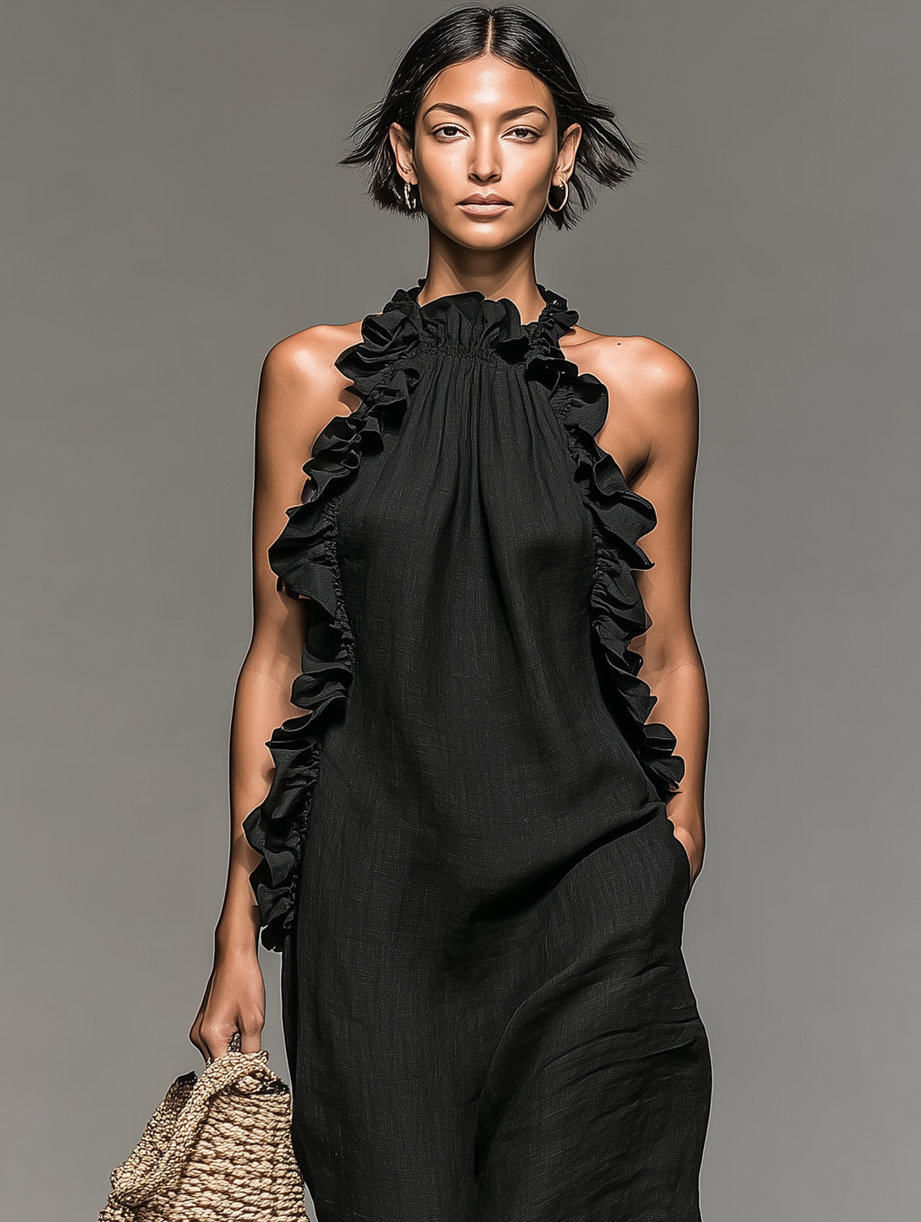 Vestido Maxi Sin Mangas en Mezcla de Lino Minimalista para Mujer con Detalles de Volantes