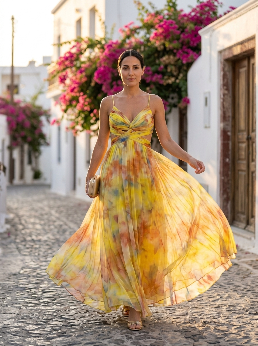Giselle, vestido maxi de tul floral amarillo