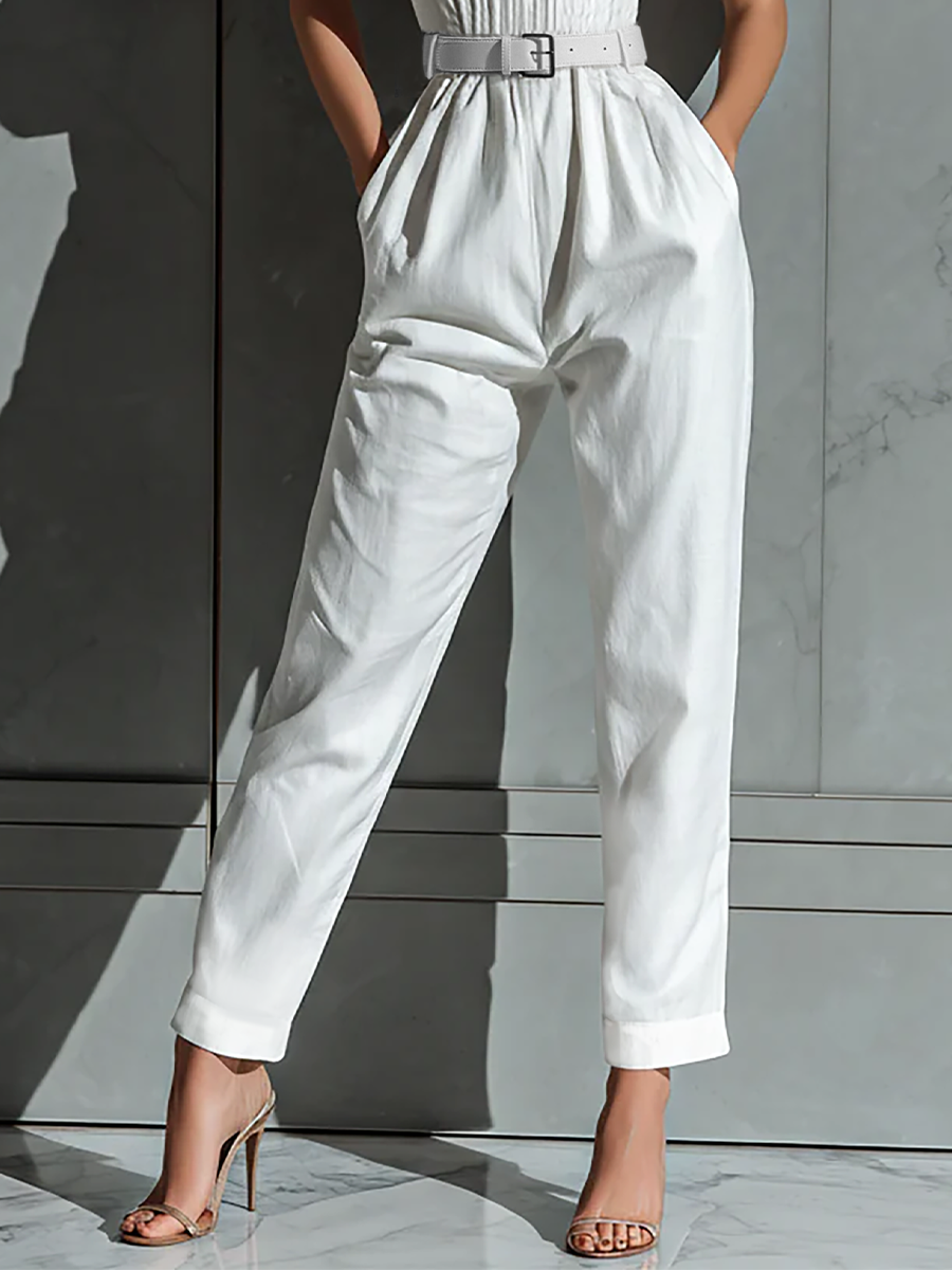 Mono Amplio De Algodón Y Lino Color Marfil Con Cintura Delgada Para Mujer