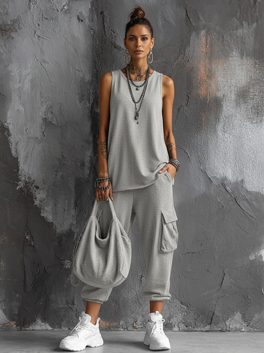 Conjunto Top Sin Mangas en Algodón Gris Oscuro + Pantalones Cargo Jogger Estilo Casual Mujer