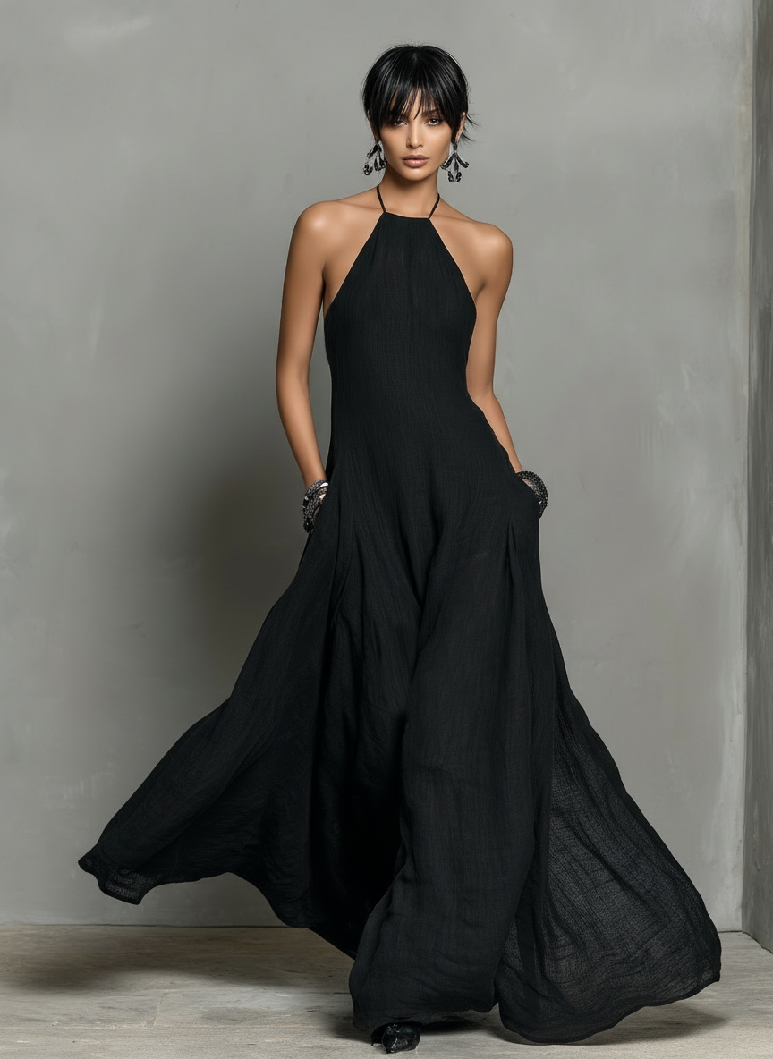 Vestido Maxi Sin Mangas en Mezcla de Lino Minimalista para Mujer