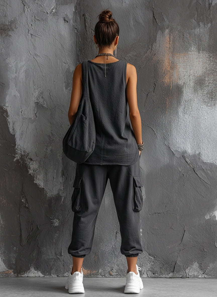 Conjunto Top Sin Mangas en Algodón Gris Oscuro + Pantalones Cargo Jogger Estilo Casual Mujer