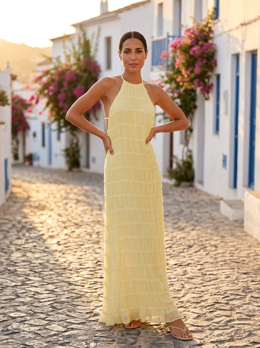 Angela, vestido largo halter texturizado amarillo