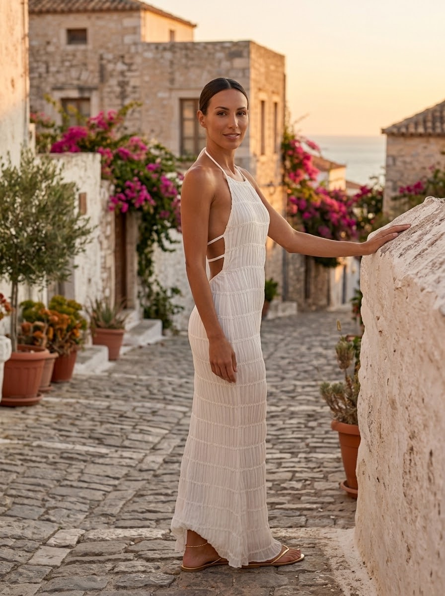 Angela, vestido largo halter texturizado marfil