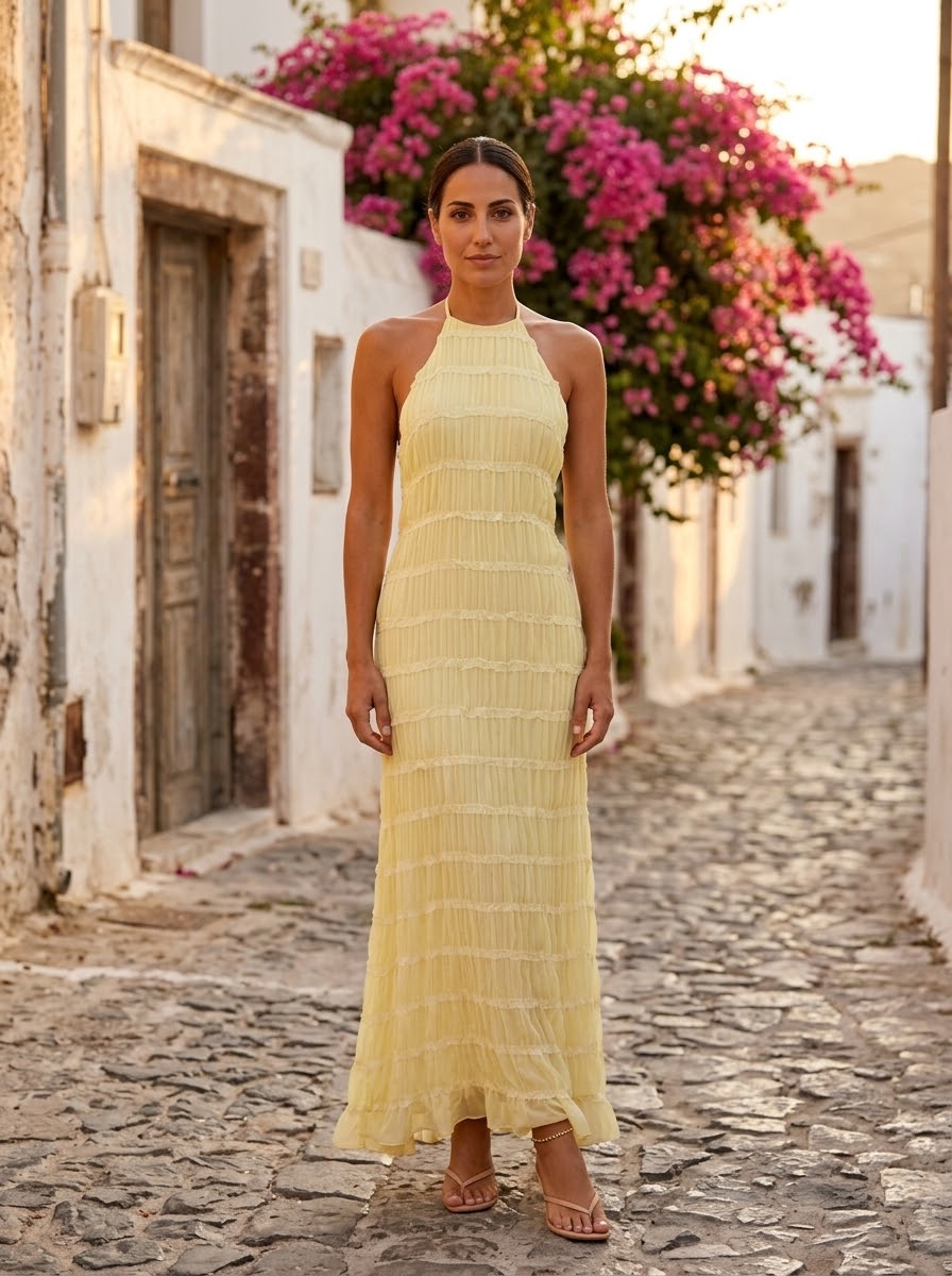 Angela, vestido largo halter texturizado amarillo