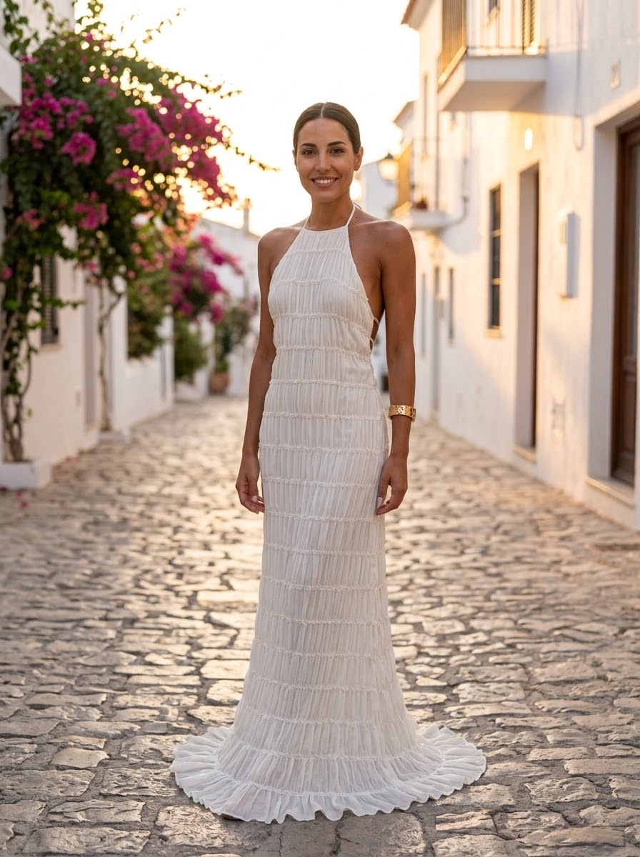 Angela, vestido largo halter texturizado marfil