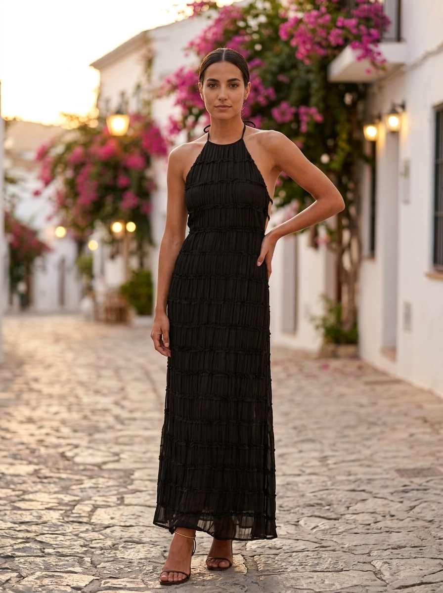 Angela, vestido largo halter texturizado negro