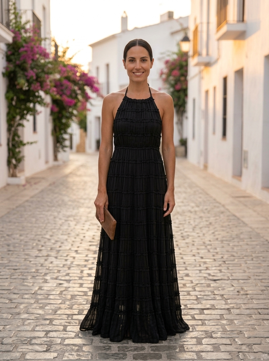 Angela, vestido largo halter texturizado negro